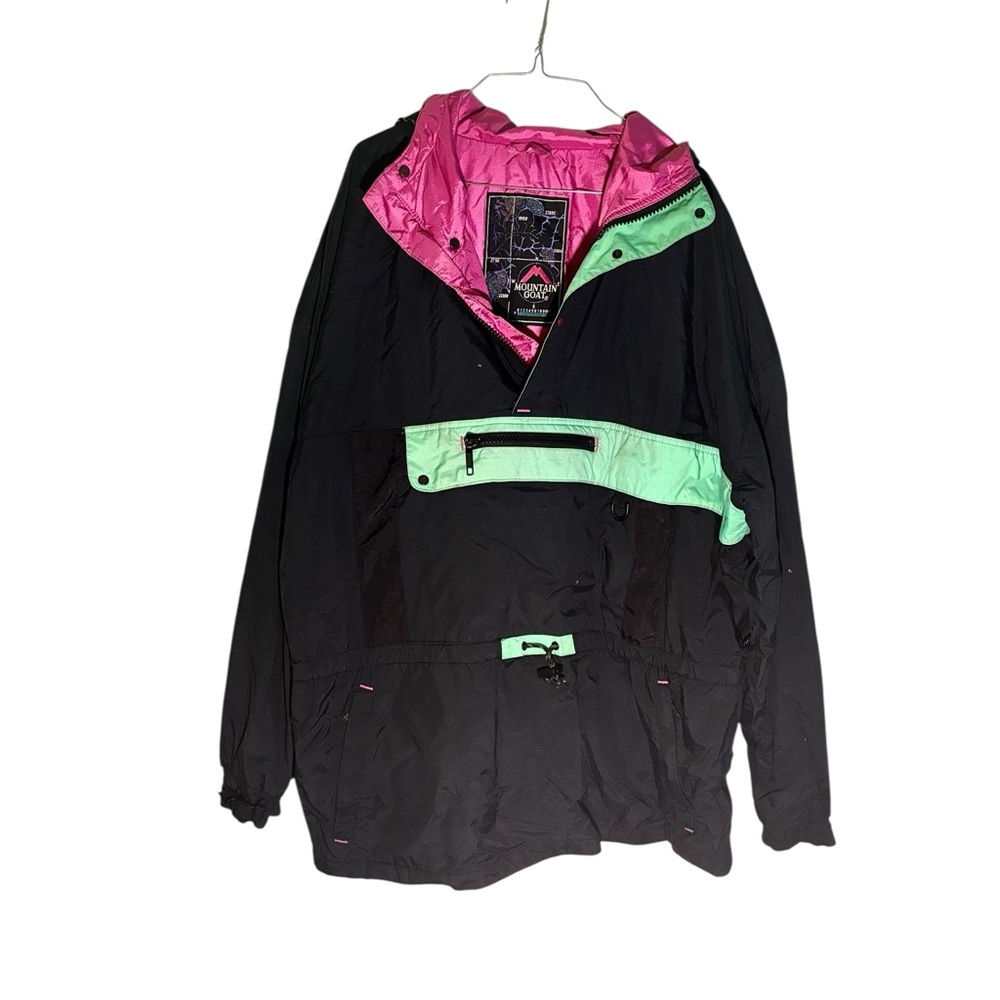 VTG 90s Mountain Goat Pullover Ski Jacket Men's Size XL Black Green Pink Nylon
